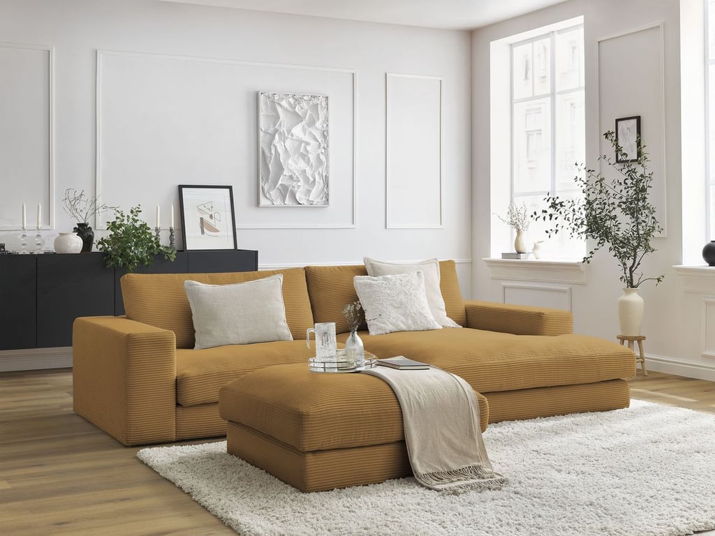 Produit similaire: Canapé d'angle fixe compact LEONARD velours côtelé avec pouf jaune angle droit BOBOCHIC 3 places