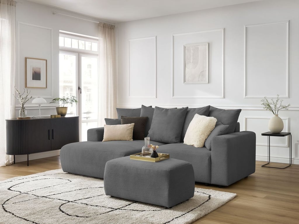 Produit similaire: Canapé d'angle convertible coffre ATILLA velours côtelé avec pouf gris foncé angle gauche BOBOCHIC 4 places