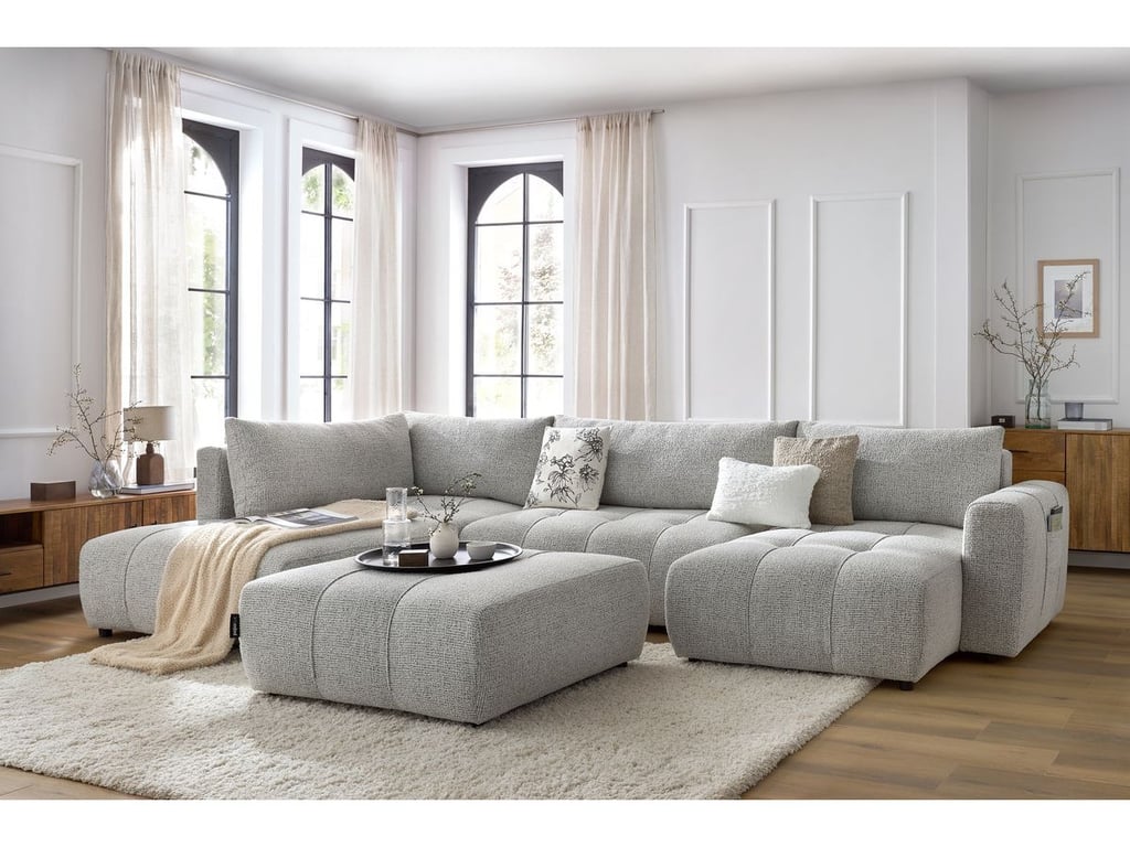 Produit similaire: Canapé panoramique convertible coffre ARSENE avec pouf gris clair angle droit BOBOCHIC 6 places