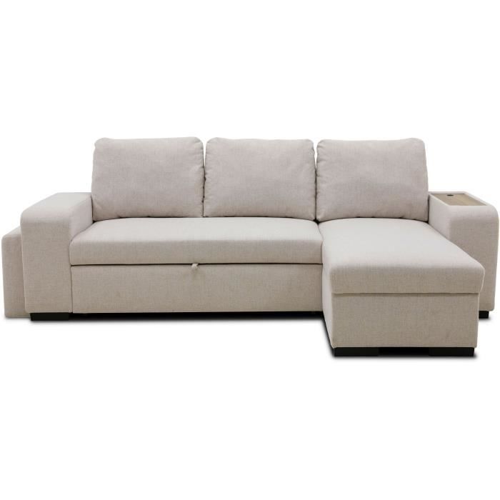 Produit similaire: Canapé d'angle convertible réversible VALDO 3 à 4 places - Tissu Beige - Tablette avec USB - Coffre + Pouf - L247xP143xH86 cm