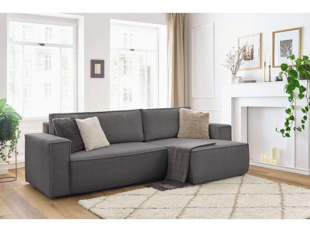 Produit similaire: Canapé d'angle réversible convertible coffre NIHAD velours côtelé gris foncé BOBOCHIC 3 places