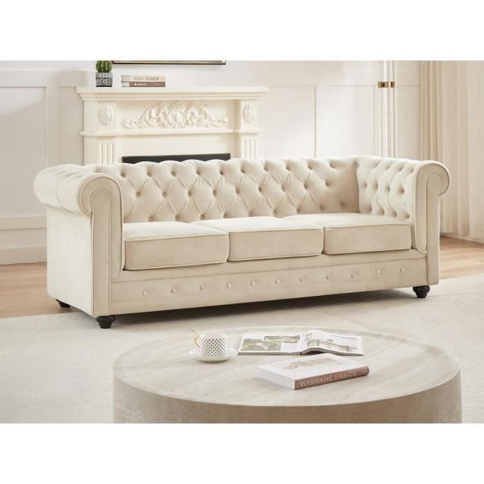 Produit similaire: Canapé 3 places en velours beige - VENTE-UNIQUE - CHESTERFIELD - Style vintage - Confort ferme