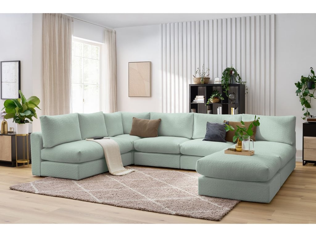 Produit similaire: Canapé d'angle fixe 100% modulable PARIS tissu bouclette 3 chauffeuses, 1 méridienne, 1 angle, 1 pouf vert BOBOCHIC 6 places