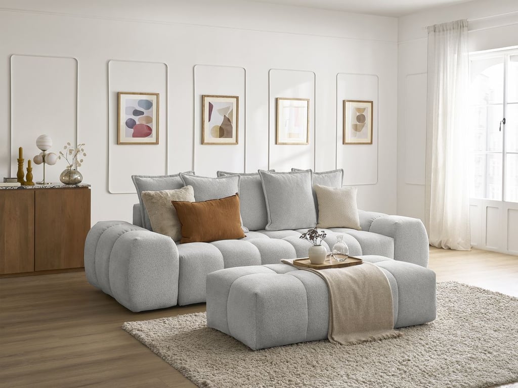 Produit similaire: Canapé droit fixe 3 places EVEREST tissu chiné avec pouf gris clair BOBOCHIC