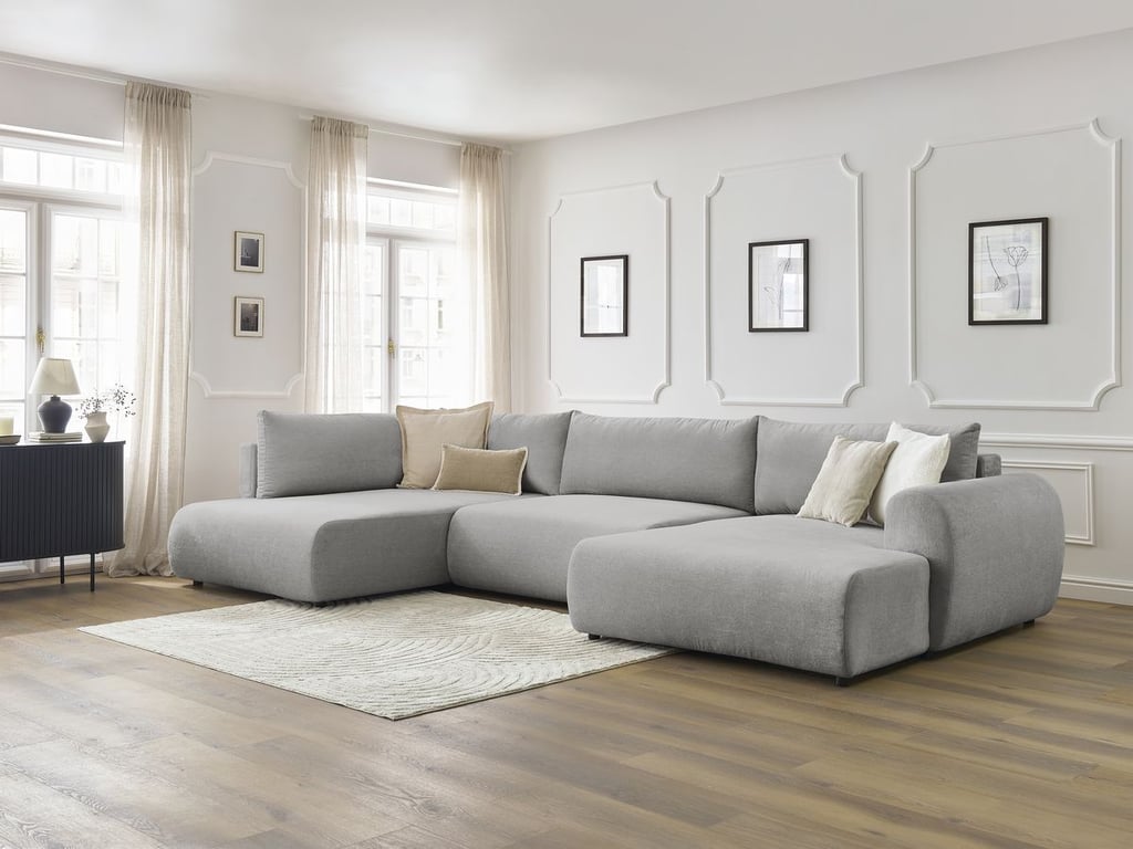 Produit similaire: Canapé panoramique convertible coffre LUCIEN tissu lisse gris clair angle droit BOBOCHIC 5 places