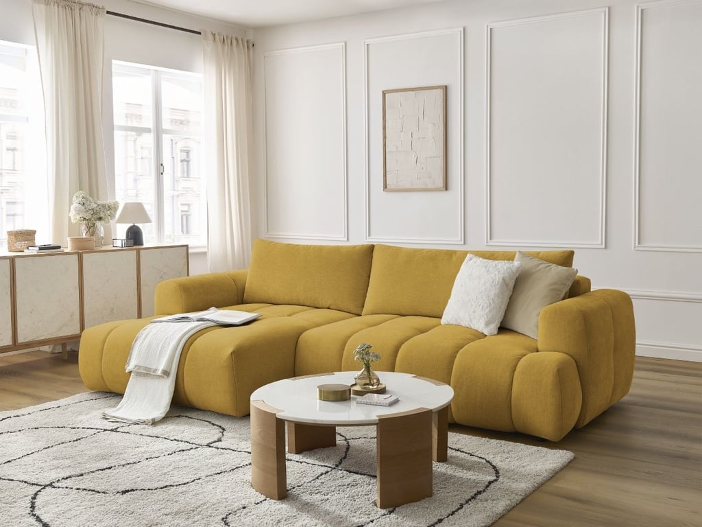 Produit similaire: Canapé d'angle convertible FUJI tissu lisse jaune angle gauche BOBOCHIC 3 places