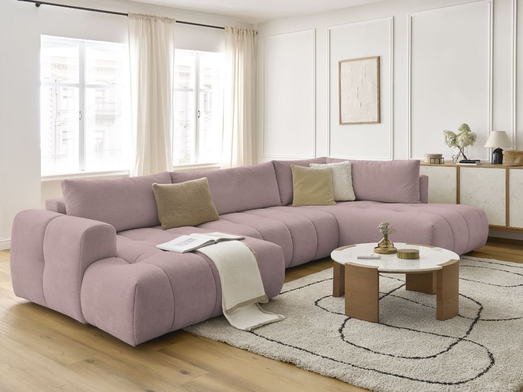 Produit similaire: Canapé d'angle panoramique convertible FUJI tissu lisse avec pouf rose angle gauche BOBOCHIC 5 places