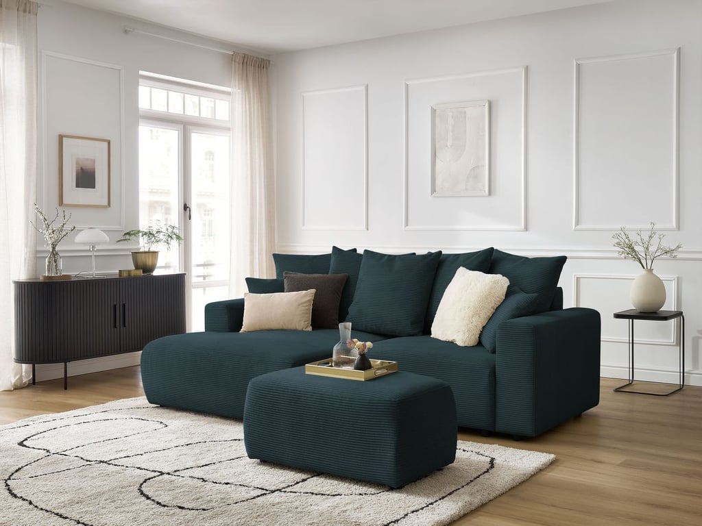 Produit similaire: Canapé d'angle convertible coffre ATILLA velours côtelé avec pouf bleu foncé angle gauche BOBOCHIC 4 places