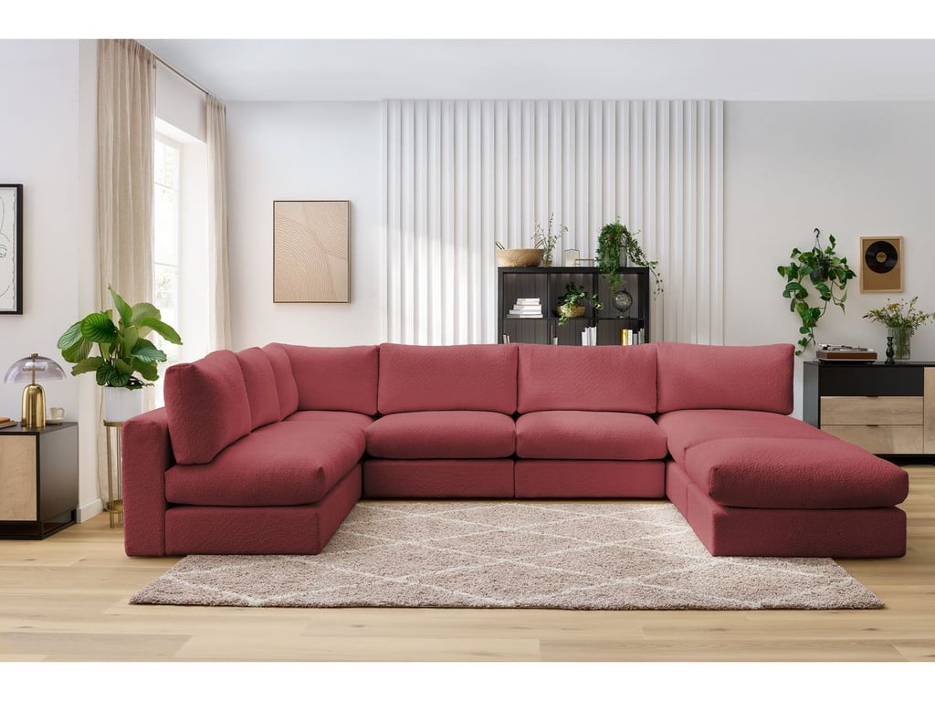 Produit similaire: Canapé d'angle fixe 100% modulable PARIS tissu bouclette 3 chauffeuses, 1 méridienne, 1 angle, 1 pouf rouge BOBOCHIC 6 places