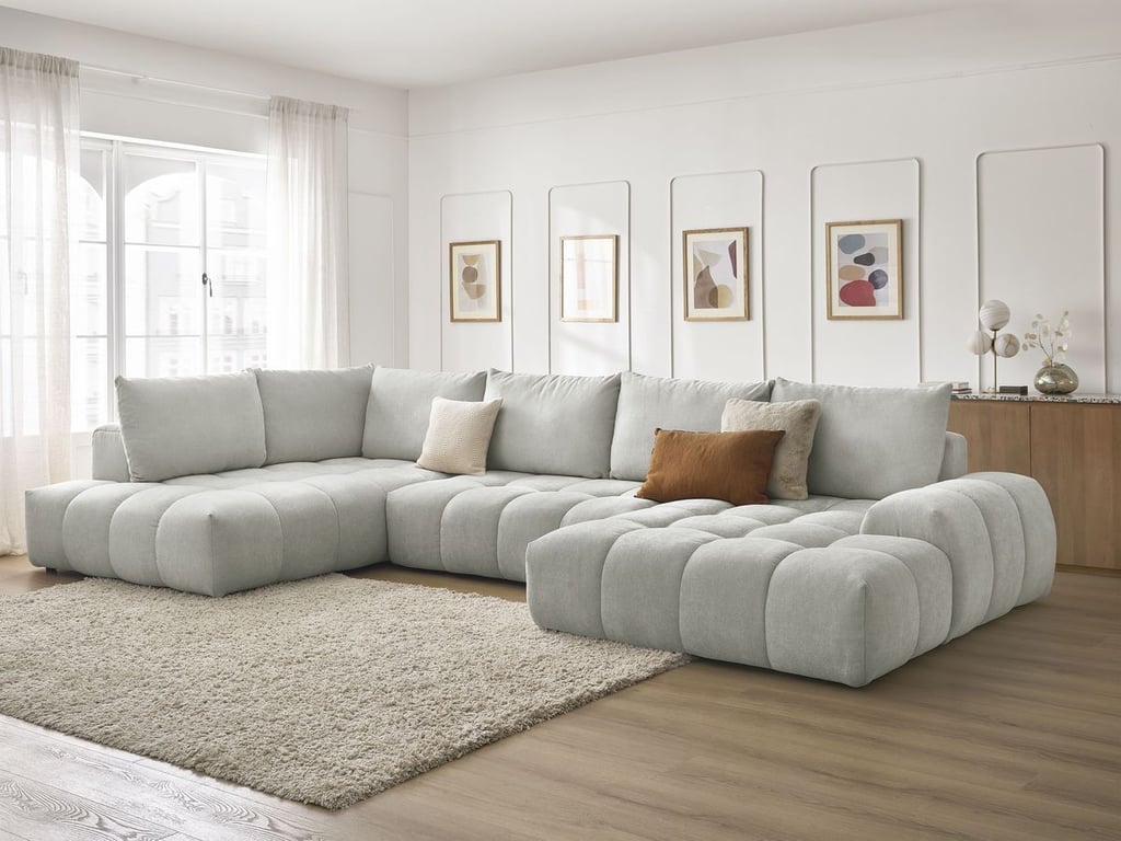 Produit similaire: Canapé panoramique convertible coffre EVEREST tissu texturé gris clair angle droit BOBOCHIC 6 places