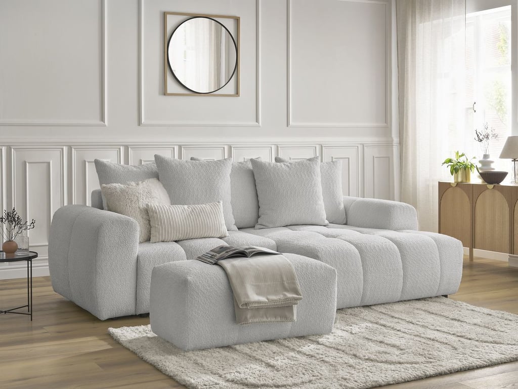 Produit similaire: Canapé d'angle convertible coffre ROXELANE tissu bouclette avec pouf gris clair angle droit BOBOCHIC 3 places