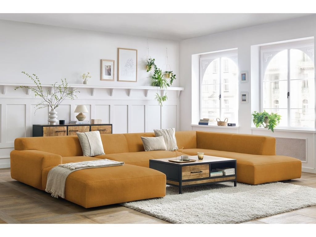 Produit similaire: Canapé panoramique fixe LAVENA tissu velours jaune angle gauche BOBOCHIC 6 places