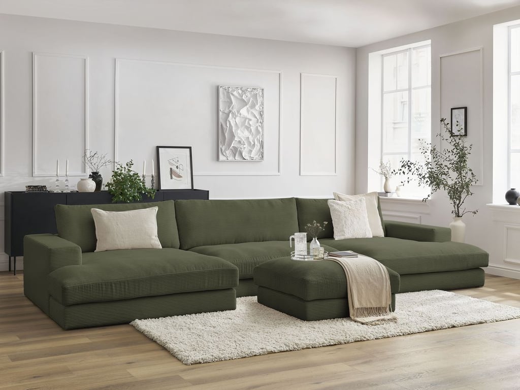Produit similaire: Canapé panoramique fixe compact LEONARD velours côtelé avec pouf vert clair BOBOCHIC 5 places