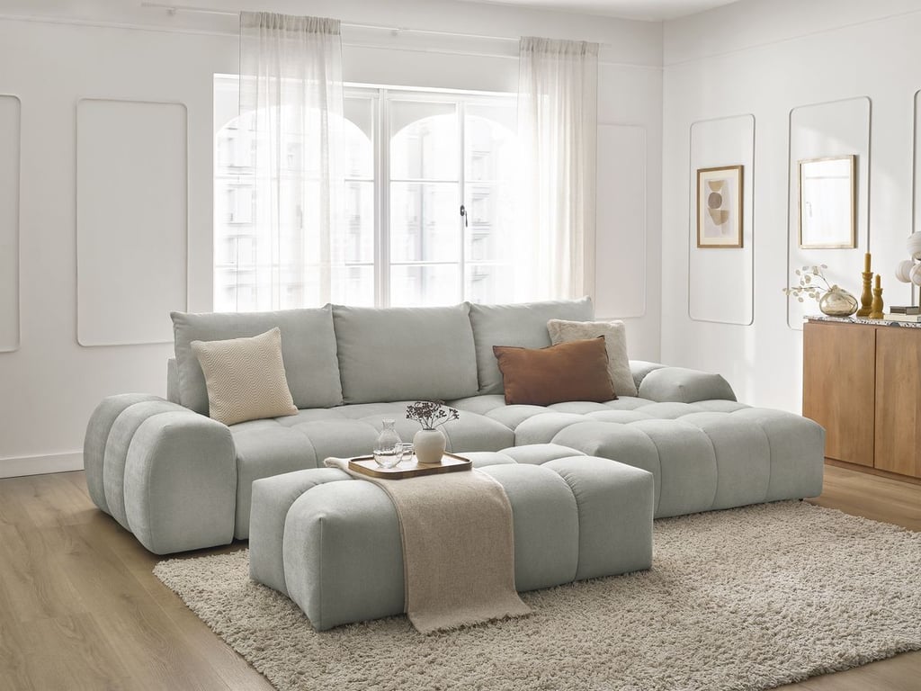 Produit similaire: Canapé d'angle convertible coffre EVEREST tissu texturé avec pouf gris clair angle droit BOBOCHIC 4 places