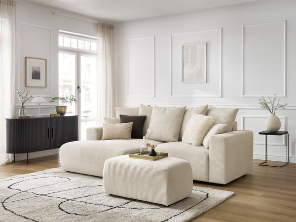 Canapé d'angle convertible coffre ATILLA velours côtelé avec pouf beige angle gauche BOBOCHIC 4 places