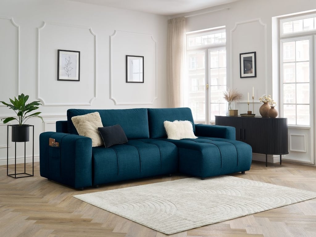 Produit similaire: Canapé d'angle réversible convertible coffre ARSENE tissu velours bleu BOBOCHIC 3 places