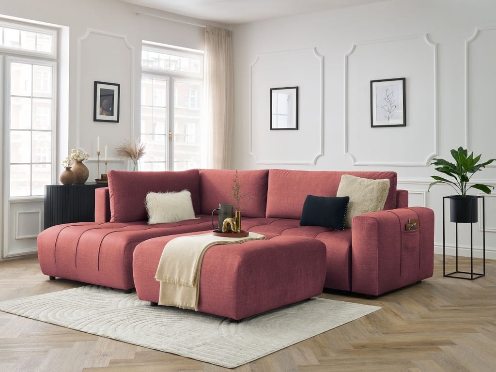 Produit similaire: Canapé d'angle L convertible coffre ARSENE tissu velours avec pouf orange angle gauche BOBOCHIC 4 places