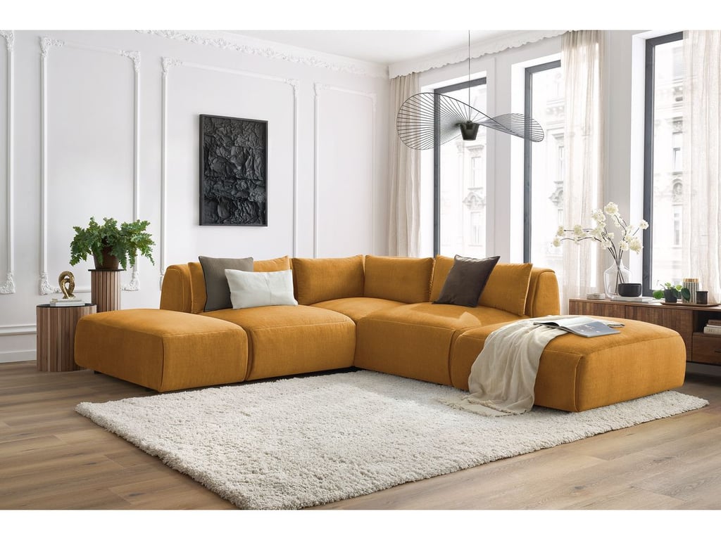 Produit similaire: Canapé d'angle fixe modulable JEANNE tissu velours avec 2 chauffeuses, 1 angle et 2 poufs jaune réversible BOBOCHIC 5 places