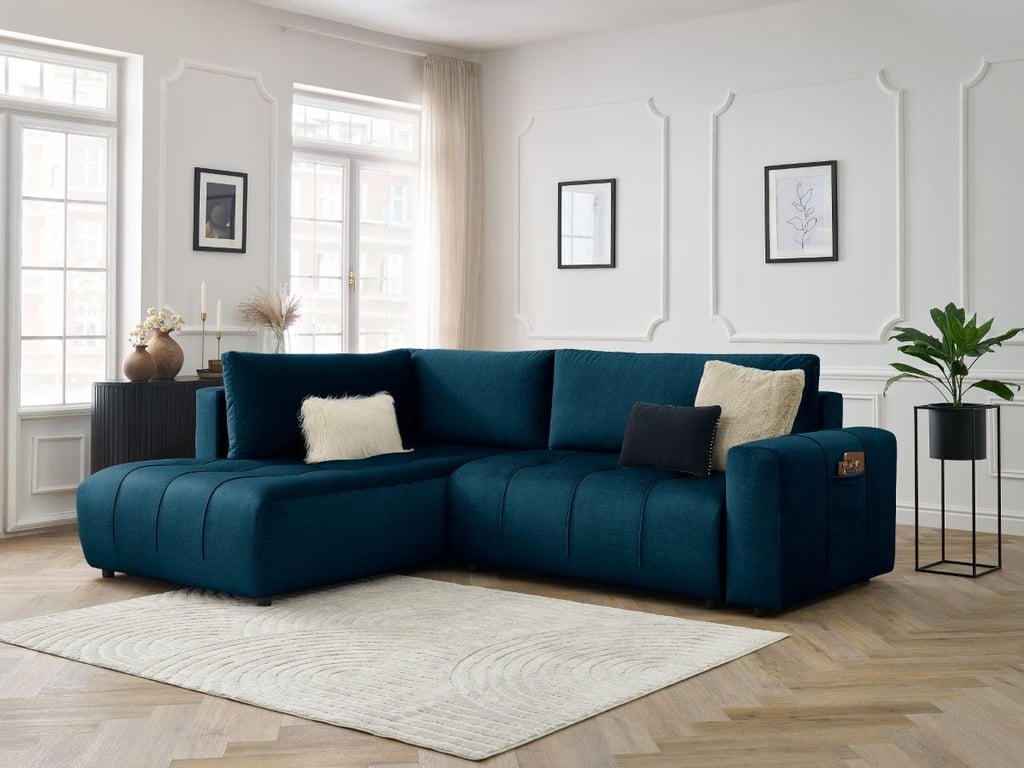 Produit similaire: Canapé d'angle L convertible coffre ARSENE tissu velours bleu foncé angle gauche BOBOCHIC 3 places