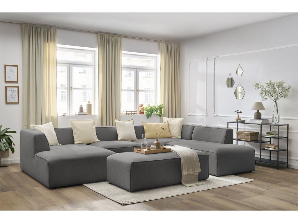 Produit similaire: Canapé panoramique fixe MEGEVE avec pouf tissu chiné gris foncé angle gauche BOBOCHIC 6 places