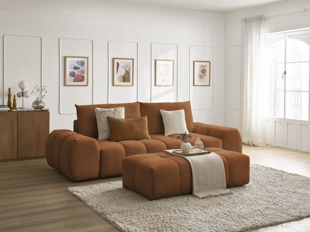 Produit similaire: Canapé droit fixe 3 places EVEREST tissu chiné avec pouf orange BOBOCHIC