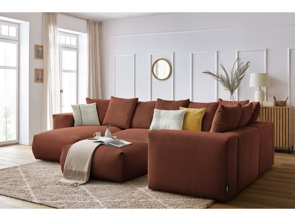 Produit similaire: Canapé panoramique fixe modulable VOLTAIRE avec 1 méridienne, 1 angle, 2 chauffeuses et 1 pouf orange angle gauche BOBOCHIC 6 places
