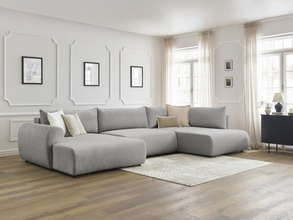Produit similaire: Canapé panoramique convertible coffre LUCIEN tissu lisse gris clair angle gauche BOBOCHIC 5 places