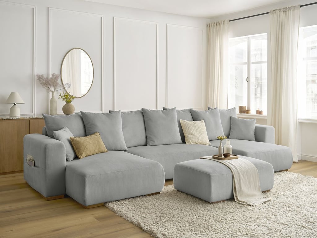 Produit similaire: Sidonie canapé panoramique convertible réversible coffre 5 places velours côtelé gris clair