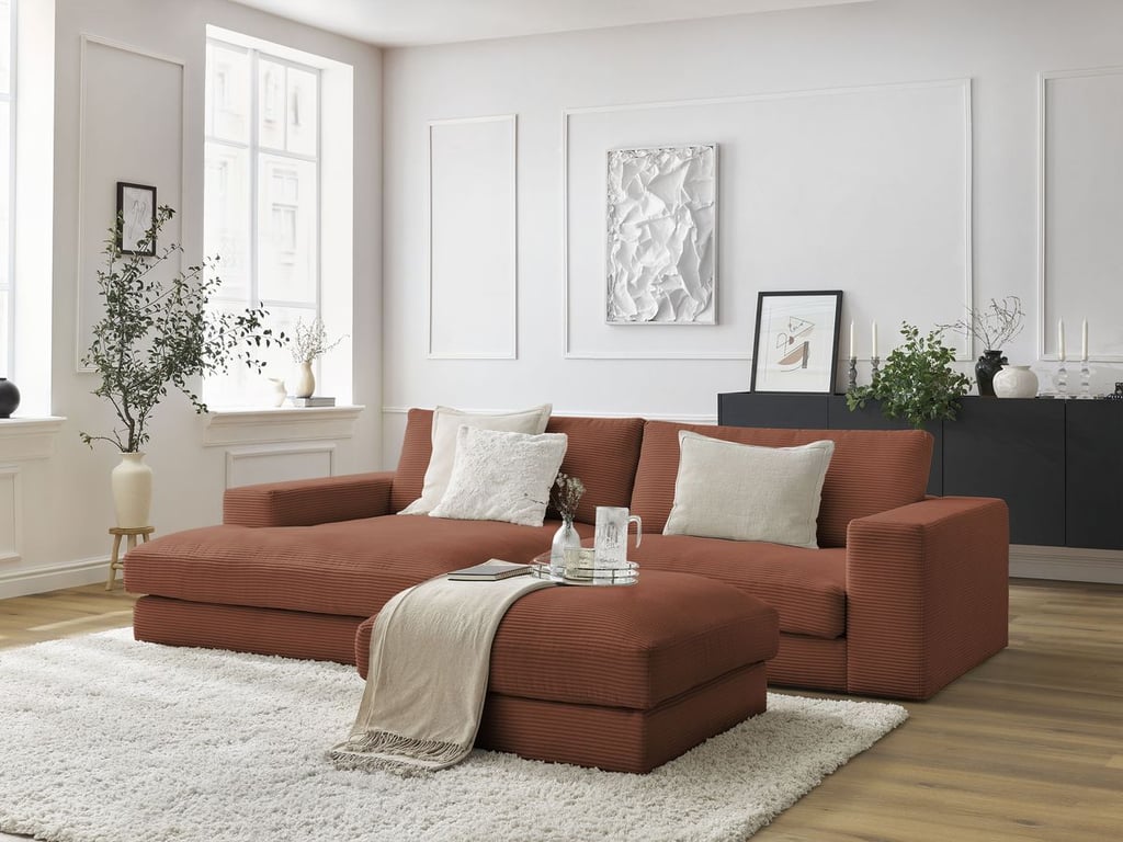 Produit similaire: Canapé d'angle fixe LEONARD velours côtelé avec pouf orange angle gauche BOBOCHIC 5 places