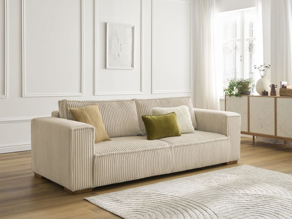 Produit similaire: Canapé droit fixe 3 places CHELSEA gros côtelé doux taupe BOBOCHIC