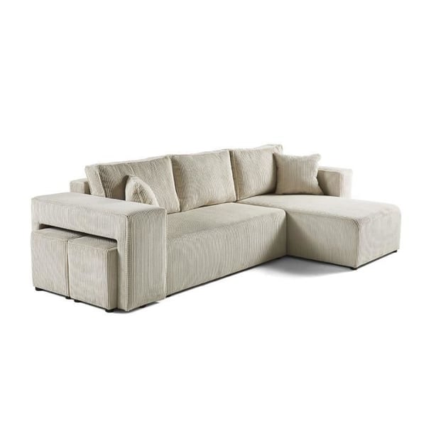 Topaze - canapé d'angle réversible 4 places - convertible avec coffre, tablette et poufs - en velours côtelé - Beige
