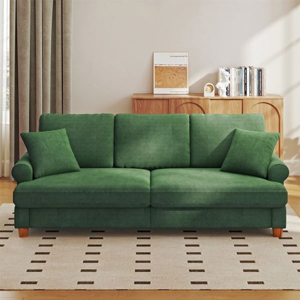 Grand Canapé 3 Places en Chenille Vert avec accoudoirs,coussins et oreillers,Canapé Scandinave pour le salon,220×74×86cm