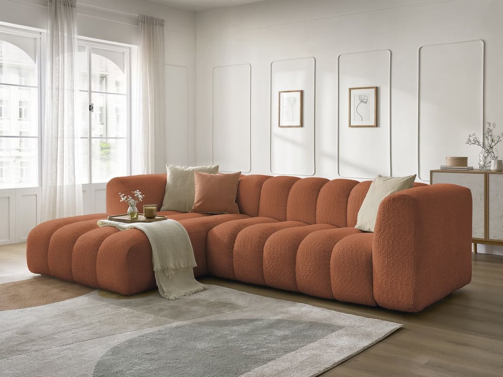 Produit similaire: Canapé d'angle fixe TALIA tissu bouclette orange angle gauche BOBOCHIC 4 places