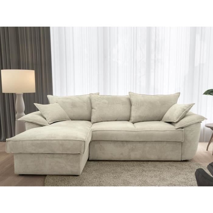 Produit similaire: Canapé d'angle gauche convertible en velours côtelé gris clair avec coffre de rangement GUILLERMO II