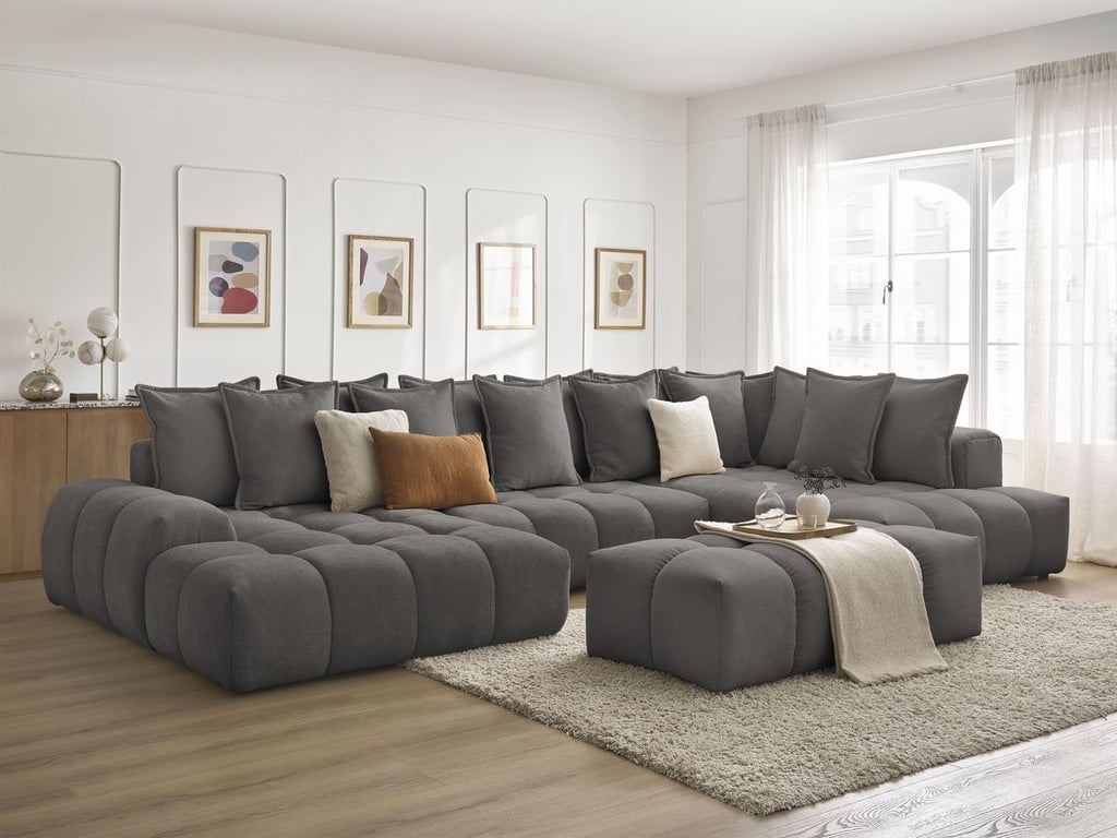 Produit similaire: Canapé panoramique convertible coffre EVEREST tissu texturé avec pouf gris foncé angle gauche BOBOCHIC 7 places
