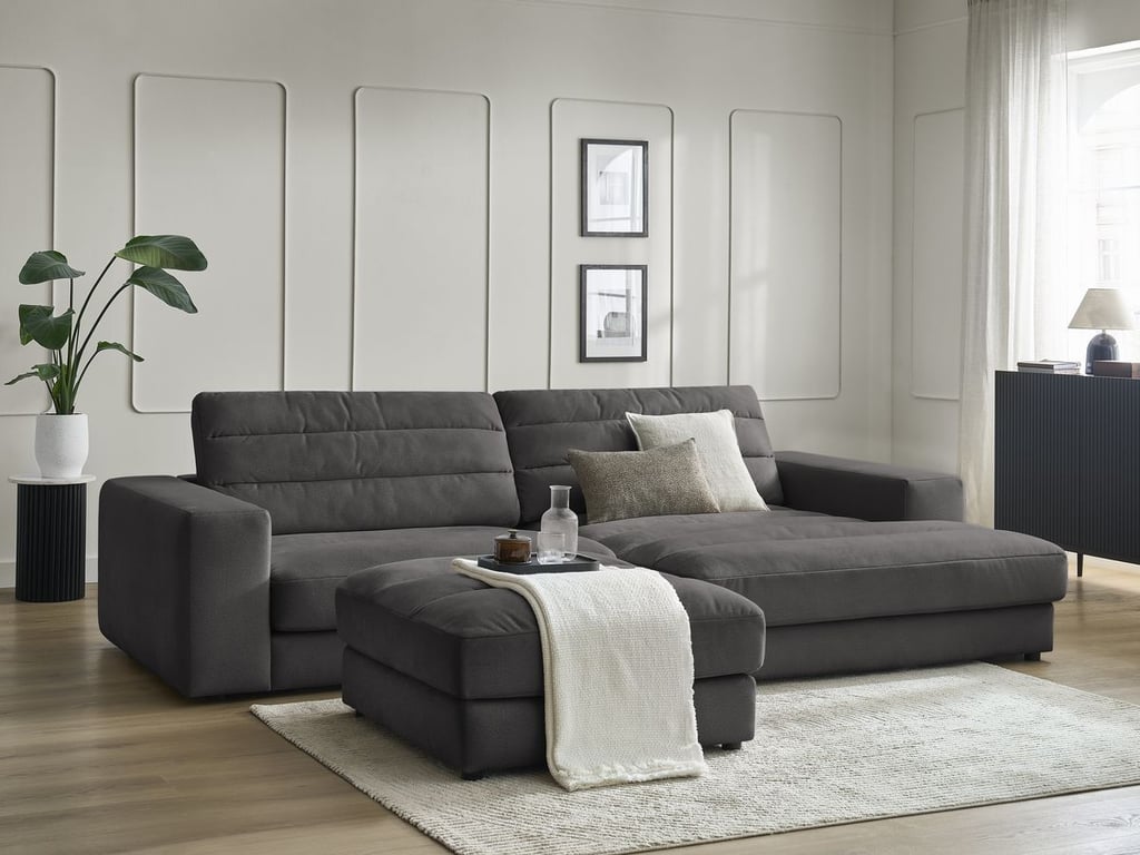 Produit similaire: Canapé d'angle fixe SIERRA velours avec pouf noir angle droit BOBOCHIC 4 places