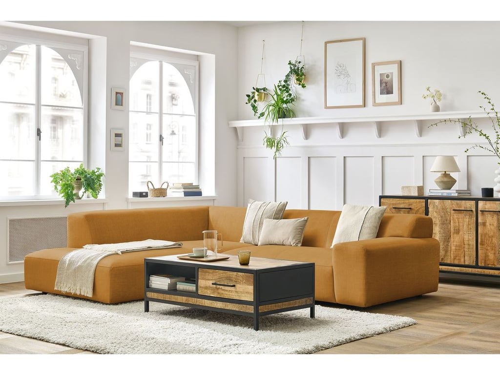 Produit similaire: Canapé d'angle fixe compact LAVENA tissu velours jaune angle gauche BOBOCHIC 4 places