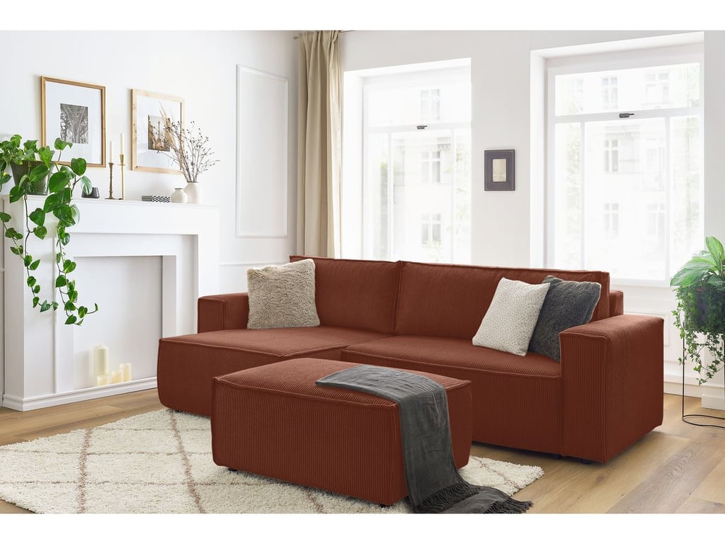 Produit similaire: Canapé d'angle réversible convertible coffre NIHAD velours côtelé avec pouf orange BOBOCHIC 5 places