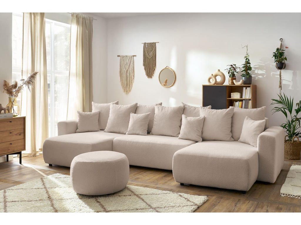 Produit similaire: Canapé panoramique convertible coffre ENVY tissu bouclette avec pouf rond beige panoramique BOBOCHIC 6 places