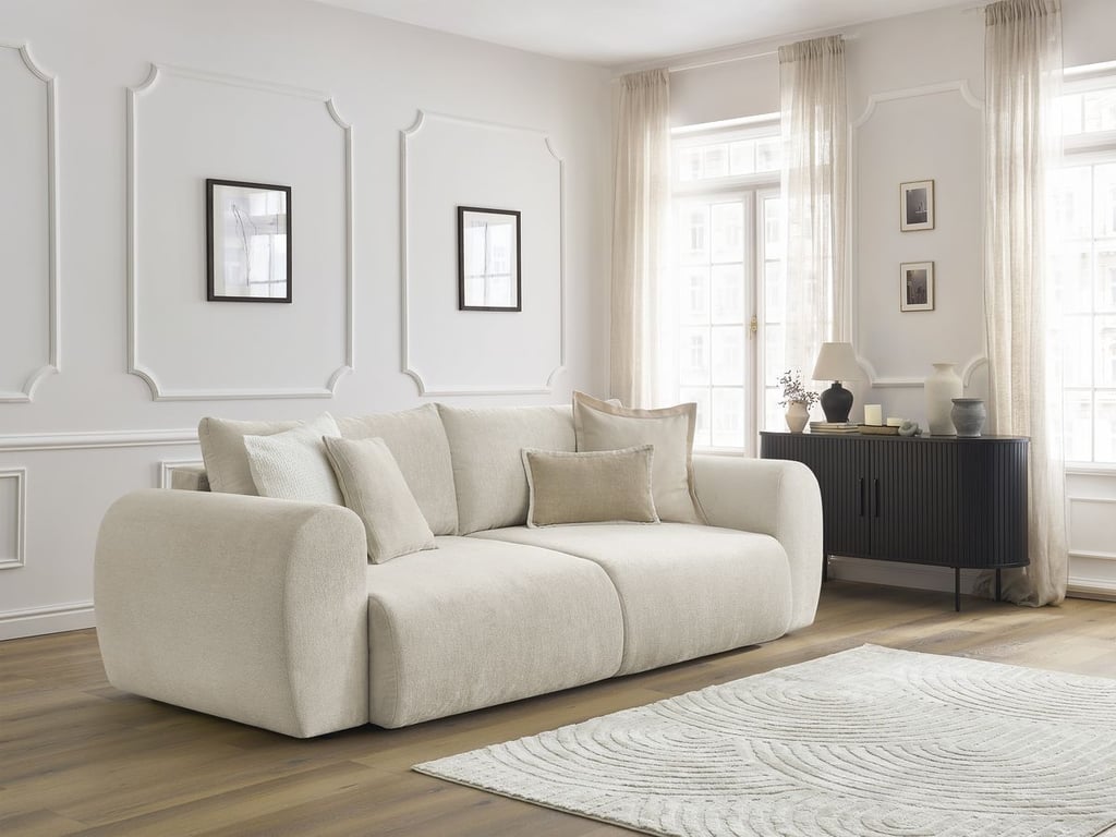 Produit similaire: Canapé droit convertible coffre LUCIEN tissu lisse beige BOBOCHIC 3 places