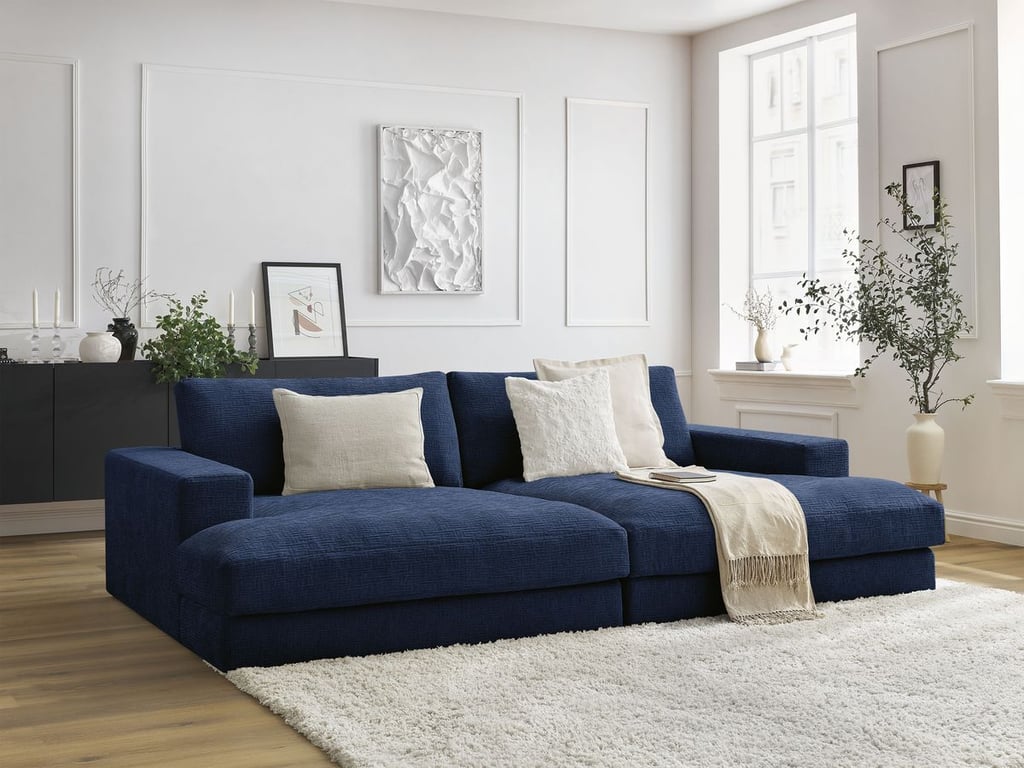 Produit similaire: Canapé droit fixe 4 places compact LEONARD assise profonde tissu texturé bleu foncé BOBOCHIC