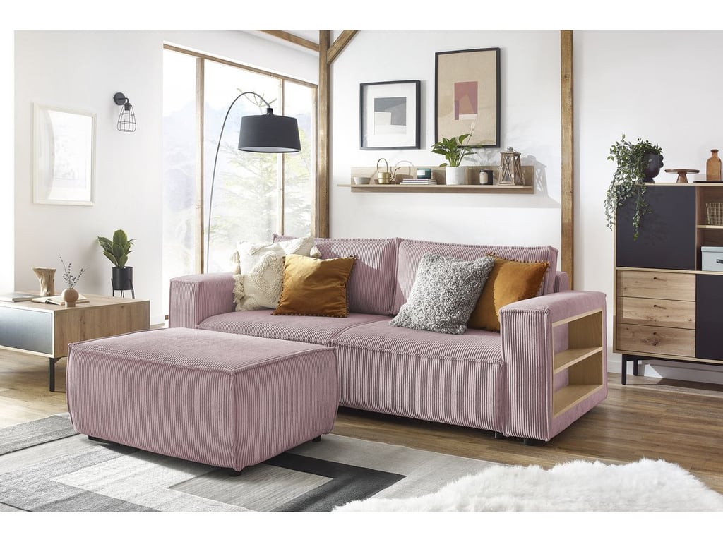 Produit similaire: Canapé droit convertible coffre tablette NIHAD velours côtelé avec pouf violet BOBOCHIC 3 places