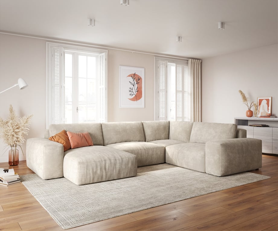 Produit similaire: Canapé panoramique Lanzo XL 360x260 cm Velours côtelé Beige Recamière variable