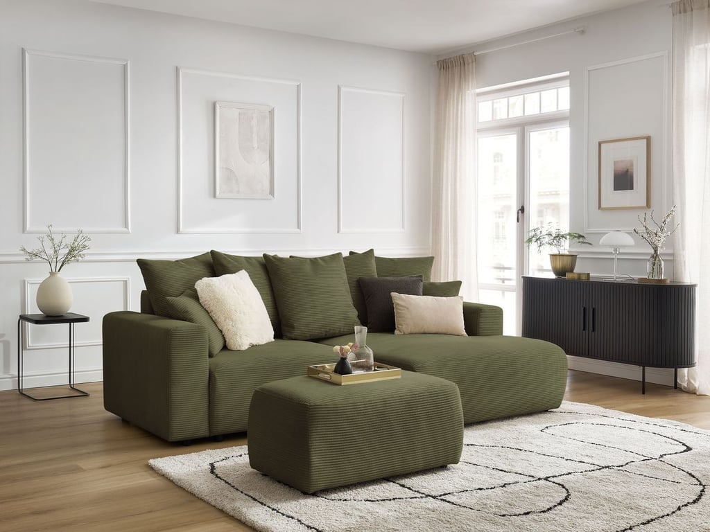 Produit similaire: Canapé d'angle convertible coffre ATILLA velours côtelé avec pouf vert clair angle droit BOBOCHIC 4 places