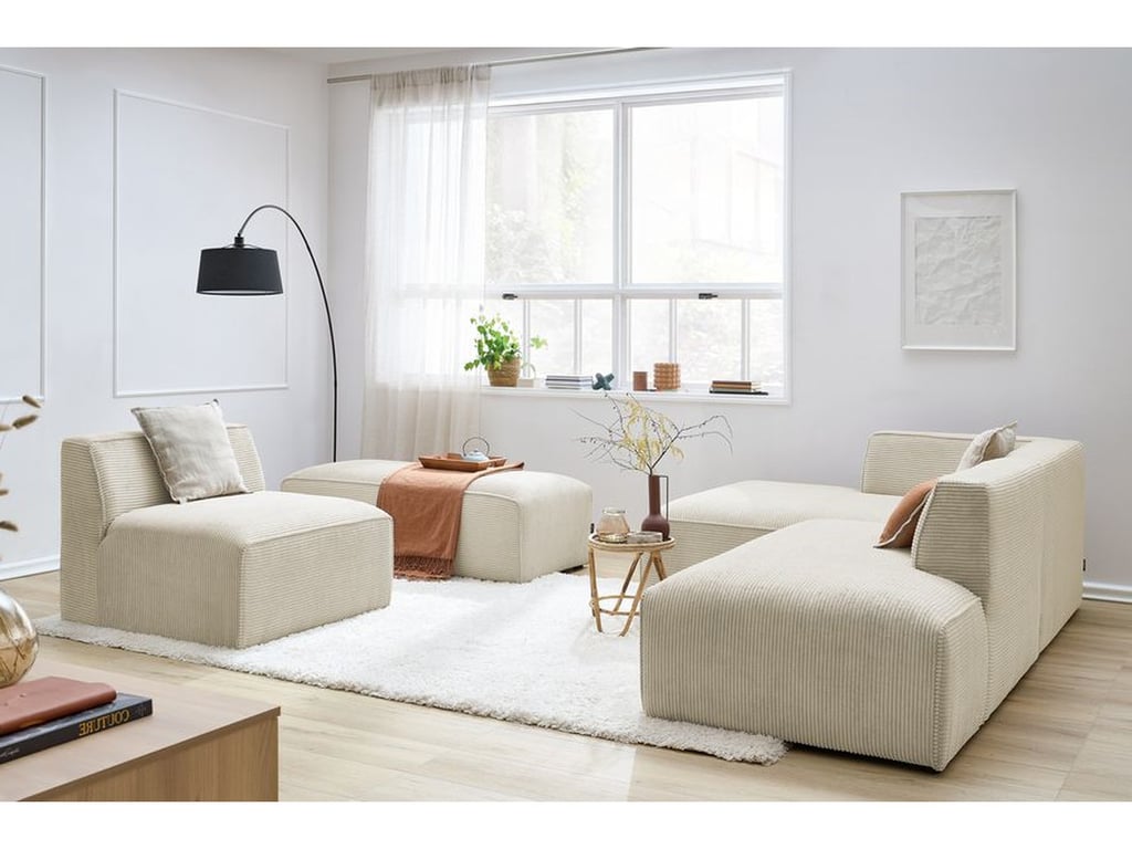 Produit similaire: Canapé d'angle fixe modulable MEGEVE tissu velours côtelé avec 1 chauffeuse et 1 pouf beige angle gauche BOBOCHIC 6 places