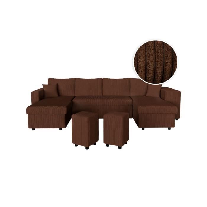 Canapé panoramique OSLO convertible avec 2 coffres, 2 poufs à droite en velours côtelé marron - L311 x P146 x H81cm - LOUNGITUDE
