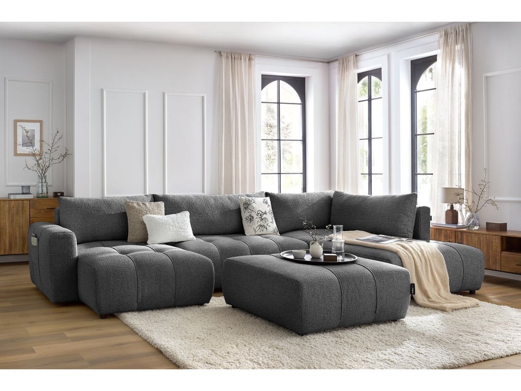 Produit similaire: Canapé panoramique convertible coffre ARSENE avec pouf gris foncé angle gauche BOBOCHIC 6 places