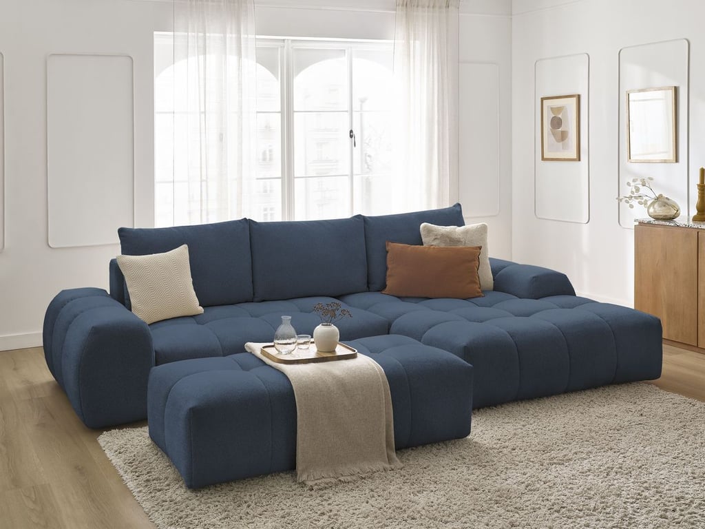 Produit similaire: Canapé d'angle convertible coffre EVEREST tissu chiné avec pouf bleu foncé angle droit BOBOCHIC 4 places