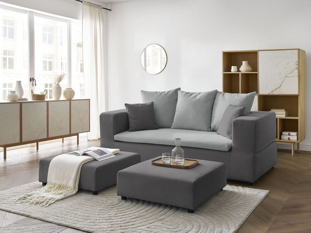 Produit similaire: Canapé droit convertible LEANDRE bi matière avec deux poufs gris clair et gris foncé BOBOCHIC 4 places