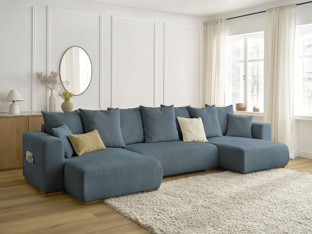 Produit similaire: Canapé panoramique convertible coffre SIDONIE velours côtelé bleu foncé BOBOCHIC 4 places